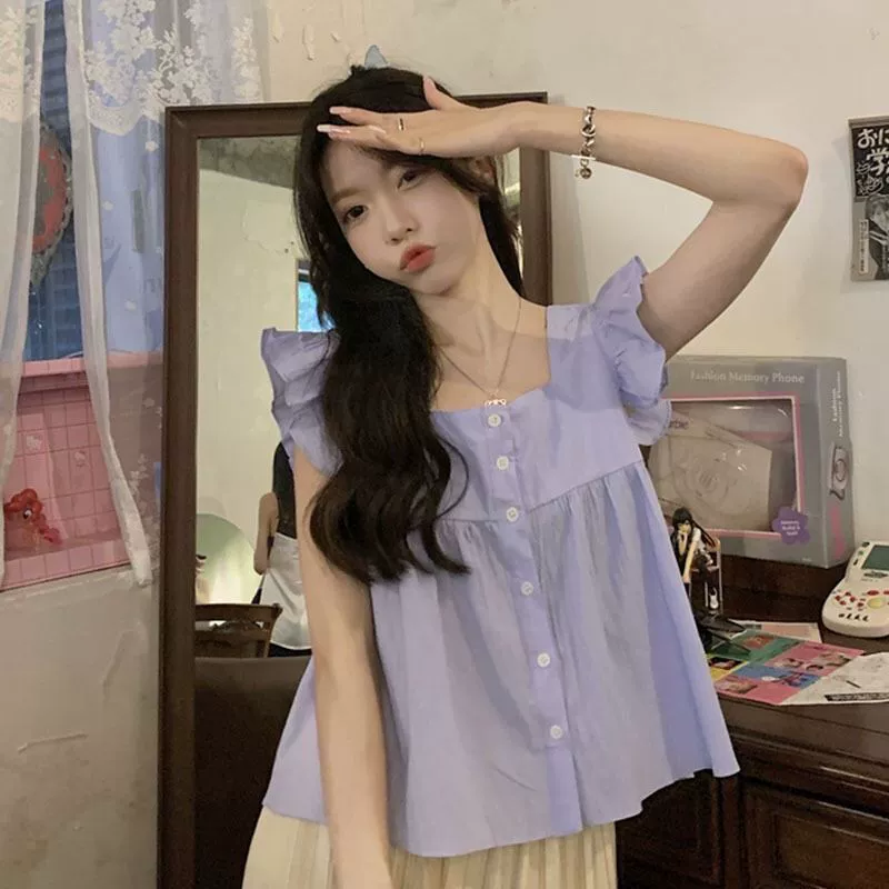 温柔风甜美娃娃衫小飞袖衬衫女夏季新款超仙的小个子无袖小衫上衣