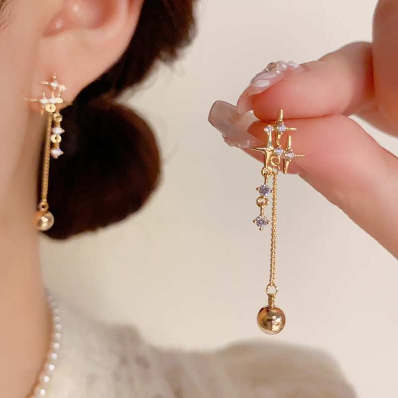 锆石四芒星长款链条流苏耳环夏季新款精致时尚高级感耳坠百搭耳饰