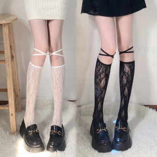 Japanese summer white sweet jk calf socks thin hollow strap socks lace socks black high socks for women
