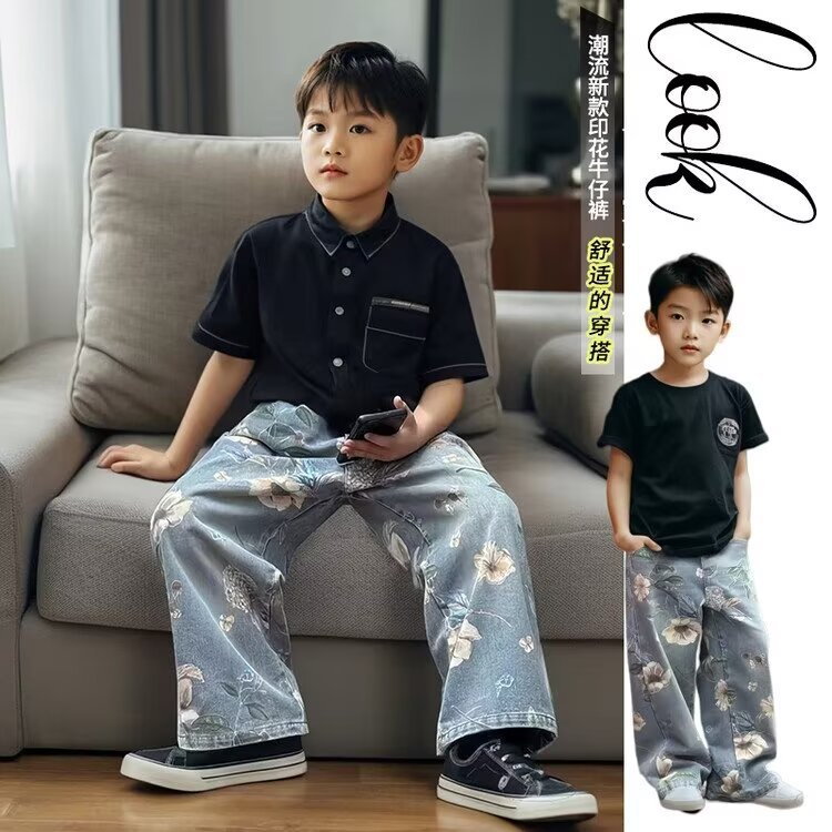 어린이 가을 캐주얼 바지 소년 청바지 봄과 가을 2024 새로운 스타일 큰 아이들 잘 생긴 느슨한 유행 바지