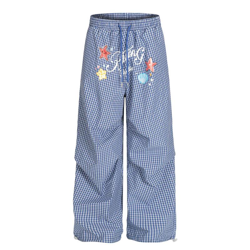 American-Style Cute Starfish Print Elastic Waist Plaid Casual Pants for Men and Women Ins Casual Versatile Couple Lazy Long Pants