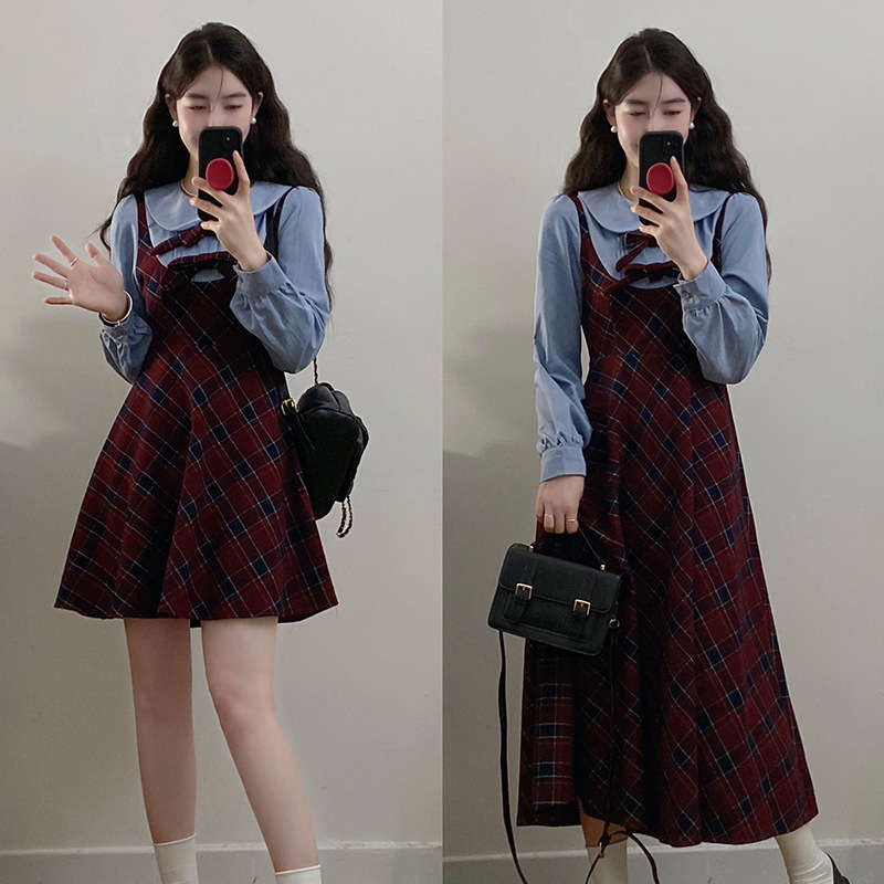 ~胖mm羊毛针织弹力呢料格纹假两件学院风秋冬打底收腰连衣裙