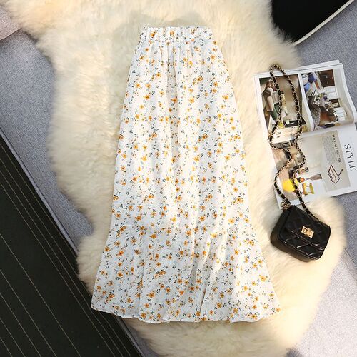 2025 fresh floral chiffon skirt for women autumn and summer new style design niche mid-length dress irregular fishtail skirt