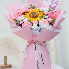 手編みのひまわりの糸の花、バラのニットブーケ、女の子、友達、親友への誕生日プレゼント