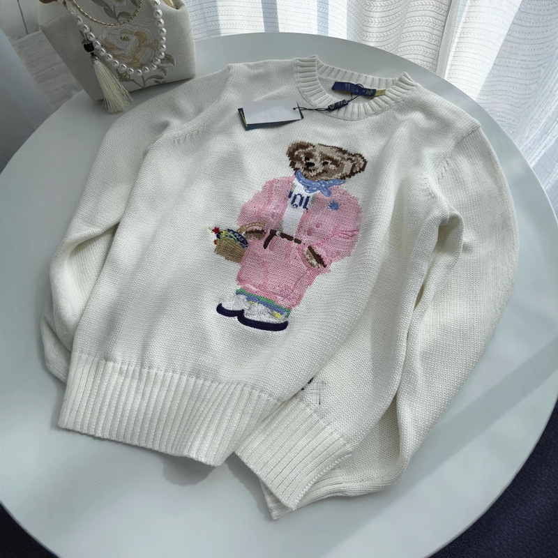 Rl/Scanable Bear Heavy Embroider 2025 Autumn and Winter Pure Cotton Cartoon Round Neck Knitted Sweater Women's Casual