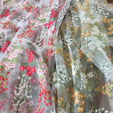 超仙彩色刺绣条纹花簇蕾丝网布料田园风连衣裙罩衣汉服面料