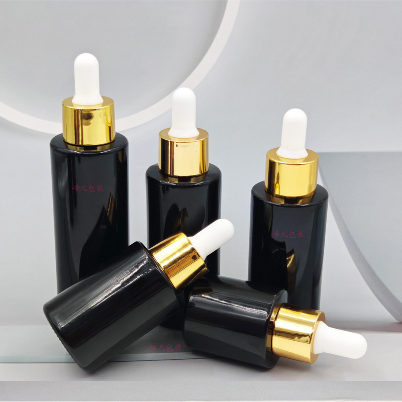 スポット供給 20ml-60ml 黒遮光スポイトエッセンシャルオイルボトルフラットショルダーローションスプレー化粧品ガラスボトル|undefined