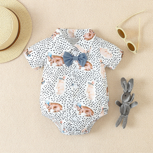 2024 Easter Infant Boys Gentleman Suit Cartoon Rabbit Print Short Sleeve Lapel Harness Overalls Suit