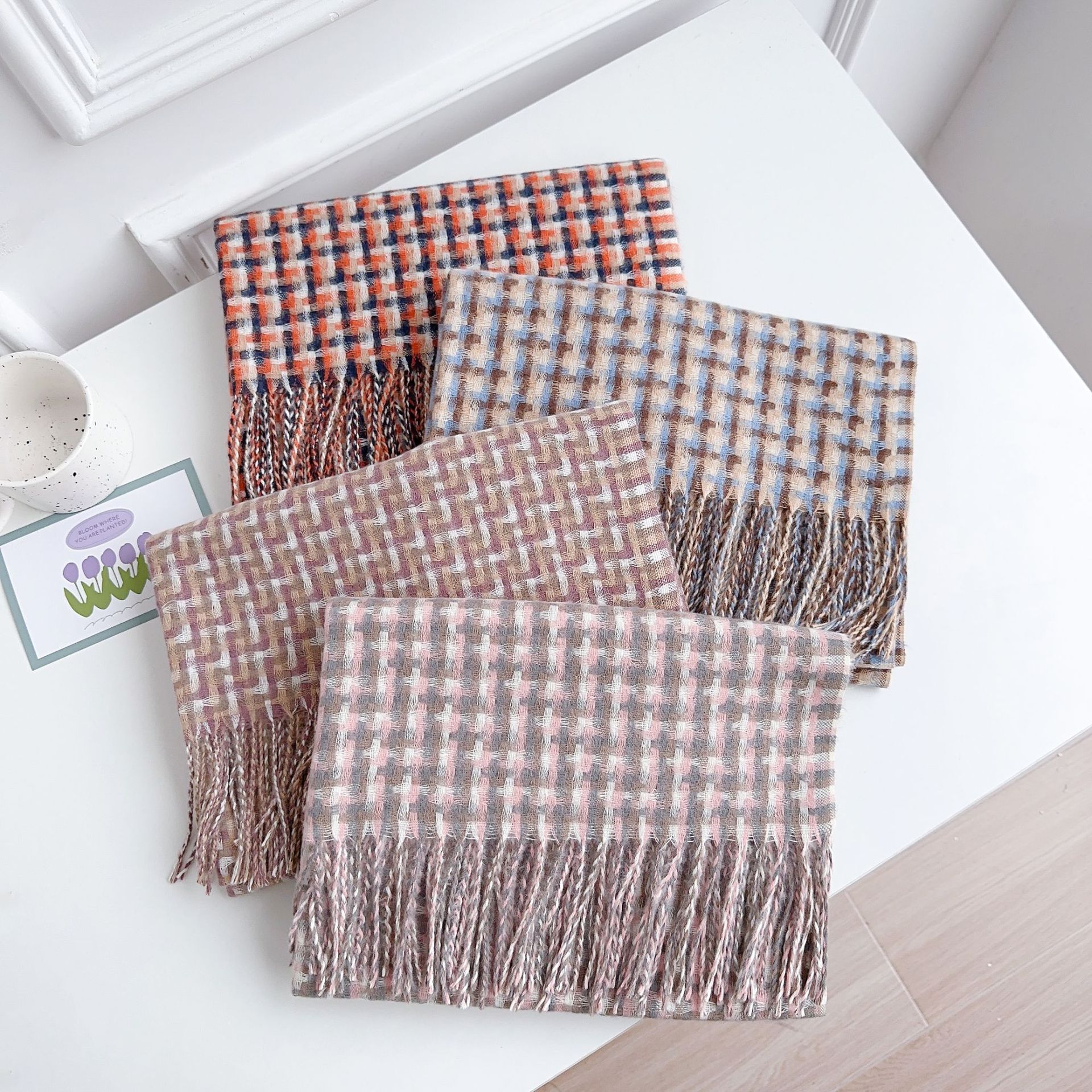 Otoño e Invierno espesado cálido bufanda contraste color Plaid Cachemira borla todo partido bufanda moda Commuter decorativo chal