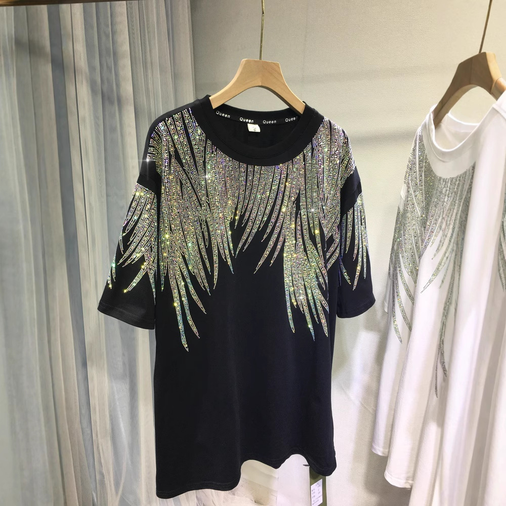 批发跨境特大码300斤夏装欧美重工翅膀烫钻上衣男女超火的短袖T恤