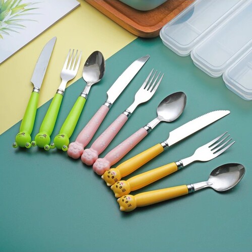 Ins high-quality cartoon animal knife, fork, spoon set imitation ceramic gift box tableware for students, adults, home use 410 stainless steel