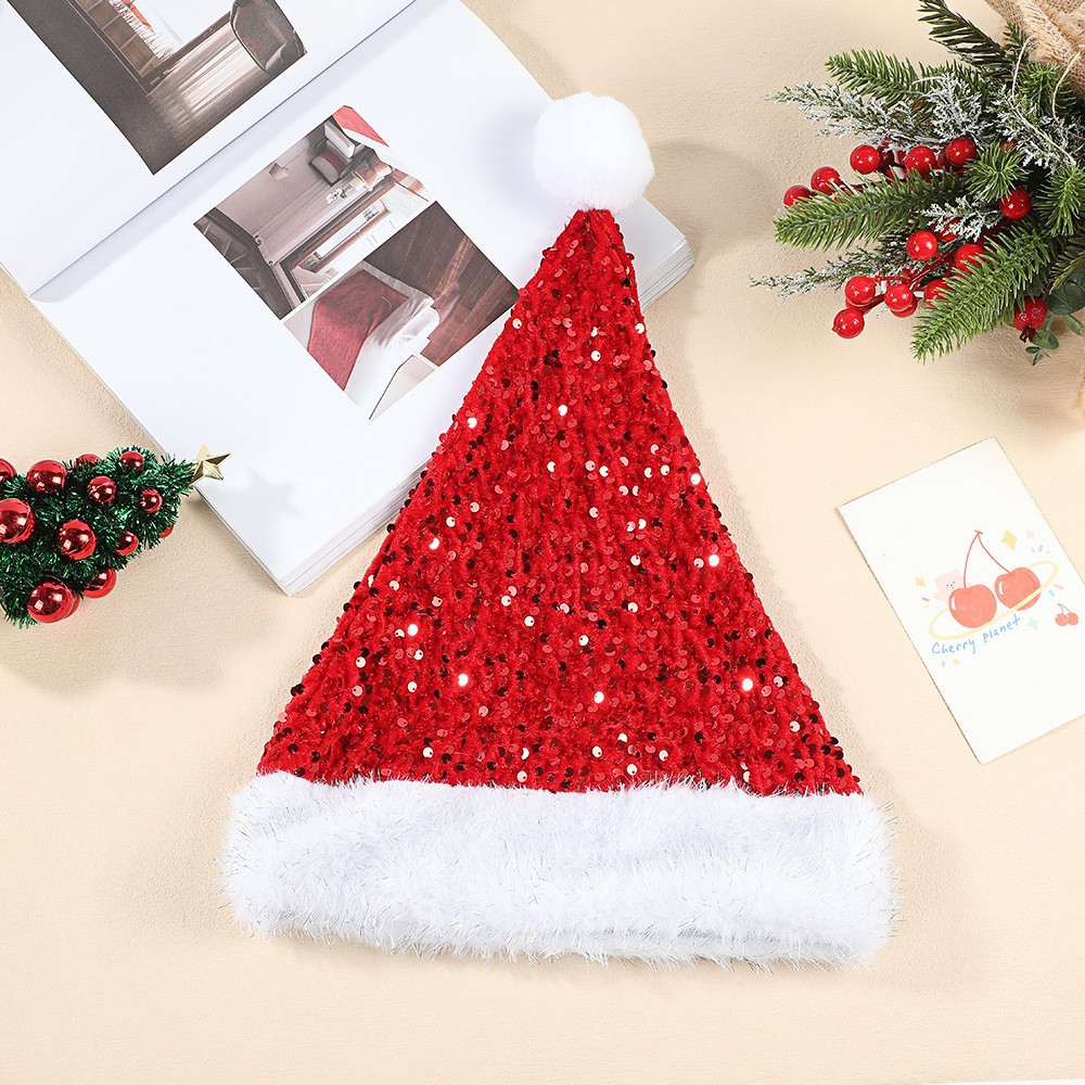 Christmas New Plush Shiny Sequin Christmas Hat Reversible Sequin Thickened Christmas Hat Holiday Party Hat Wholesale