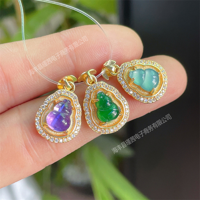 S925银镀金镶嵌蓝水翡翠吊坠紫水晶葫芦挂件diy手链串珠项链配饰