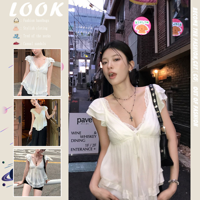 2026 Summer New Sweet Style V-Neck Ruffle Short Sleeve Shirt for Women, Loose Fit, Slimming, Elegant Top 2026 Summer New Sweet Style V-Neck Ruffle Short Sleeve Shirt for Women, Loose Fit, Slimming, Elegant Top