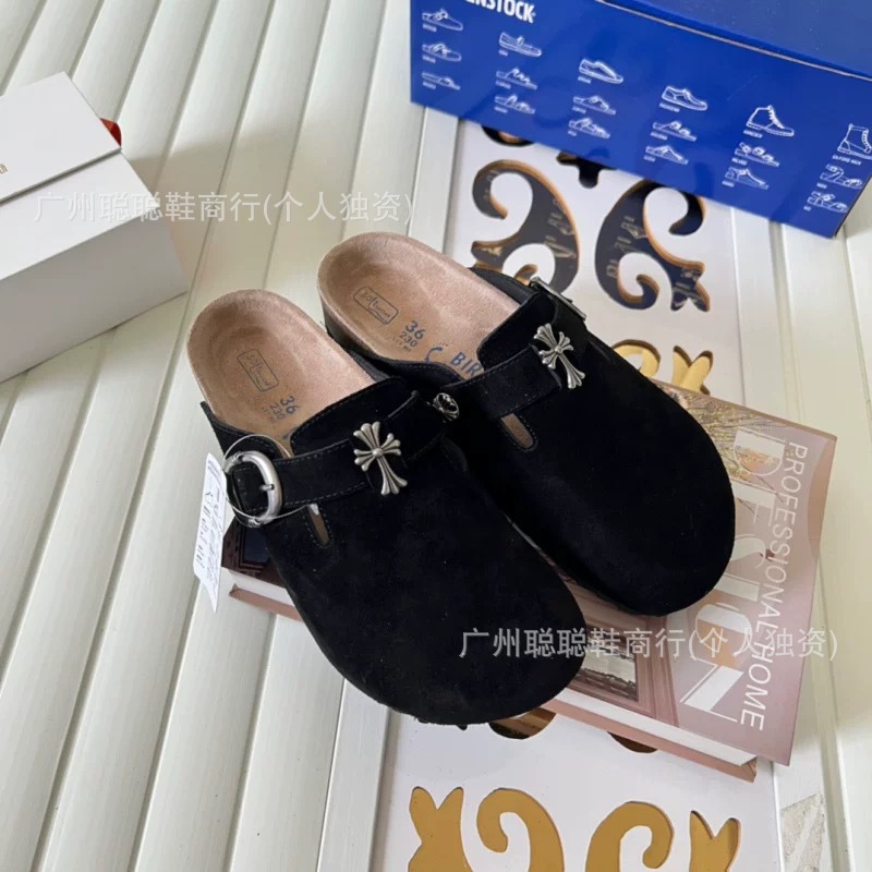 克罗伈联名博肯包头拖半拖2025新款十字架真皮平底男女同款拖鞋潮