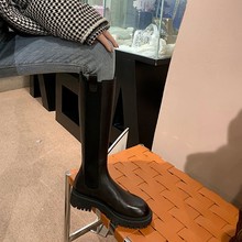 牛皮版葡萄妈切尔西长靴女显瘦烟筒靴厚底增高骑士靴弹力高筒靴子