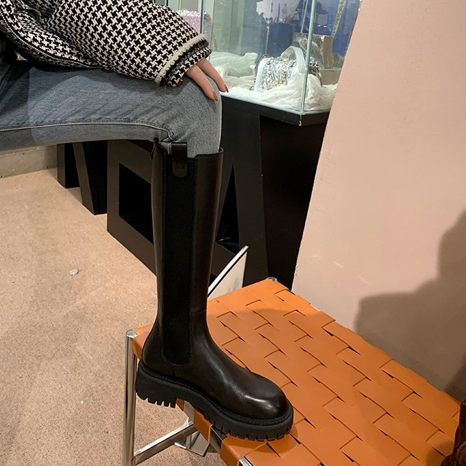 牛皮版葡萄妈切尔西长靴女显瘦烟筒靴厚底增高骑士靴弹力高筒靴子|undefined