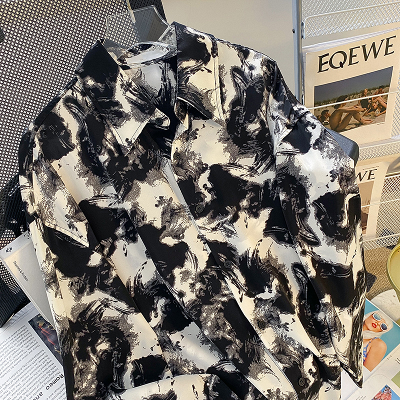 Camisa de verano para hombre de manga larga delgada drapeado camisa de protección solar sin planchar volantes guapo camisa impresa de pintura de tinta de alto grado