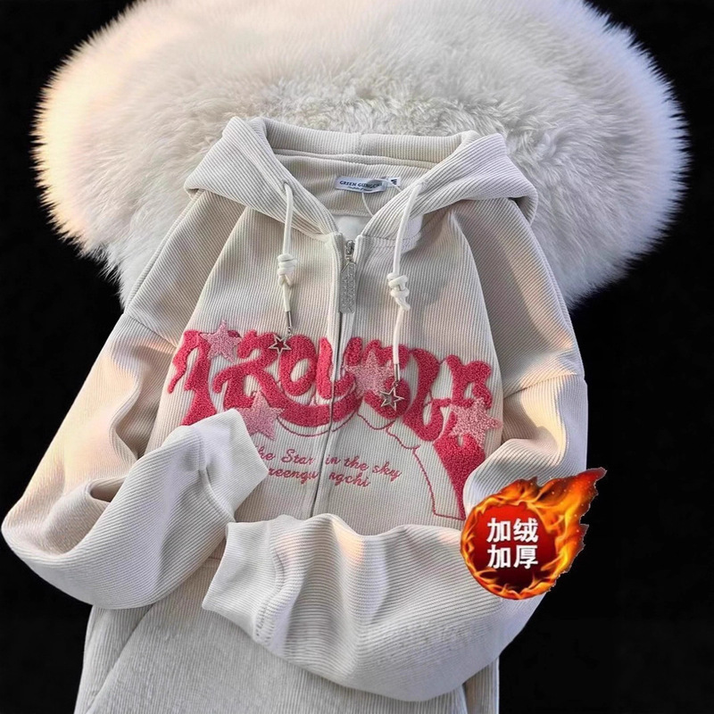 American Star Letter Flocking Fleece-Lined Sweatshirt for Men and Women Street Style Vintage Corduroy Hooded Cardigan Jacket