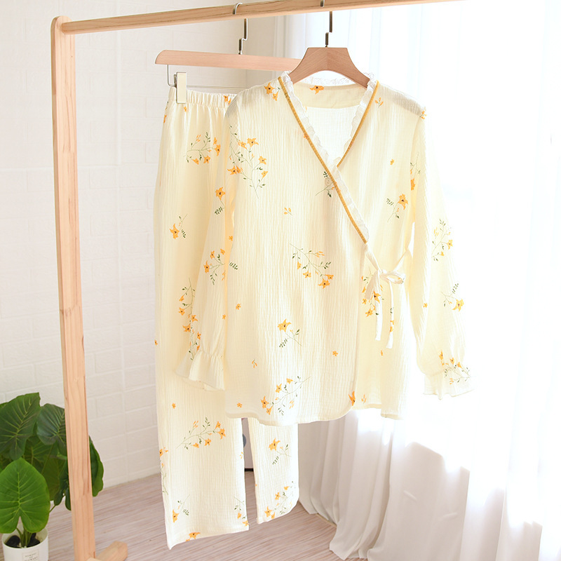 2022 Spring and Autumn Crepe Kimono Long-sleeved Cotton Double-layer Gauze Pajamas Women's Japanese-style Jacquard Home Clothes Set
