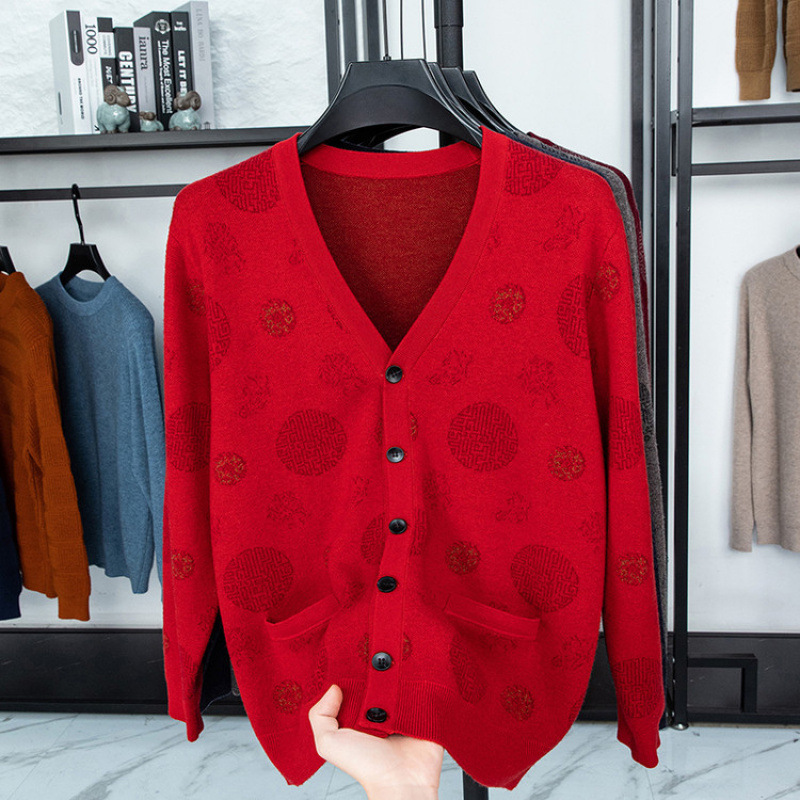 Middle-Aged and Elderly Men's Sweater 2025 Autumn and Winter Cardigan Knitwear 70-Year-Old Grandpa Jacquard Coat 100% Wool Sweater