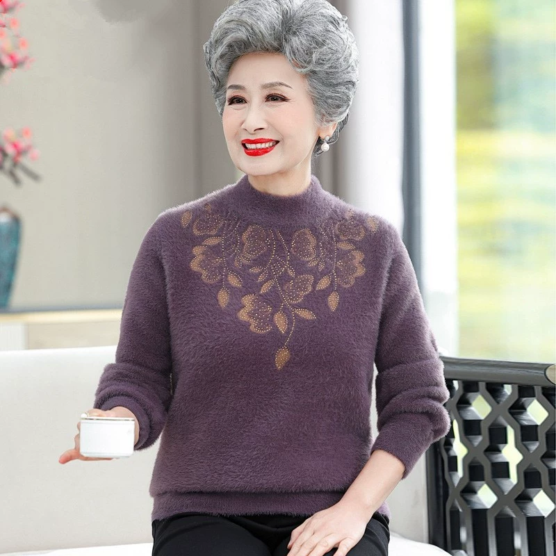 Бабушка в западном стиле носит зимнюю одежду, свитер с высоким воротом, Старая женская одежда, зимняя утолщенная одежда для мамы на флисовой подкладке, нижняя рубашка