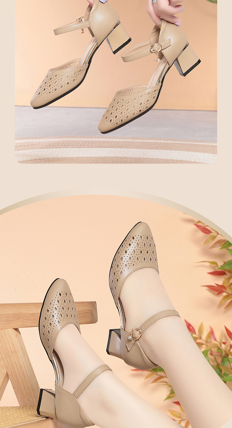 Sandal cao gót nữ mũi hở da thật phong cách cổ điển — màu đen chi tiết 12