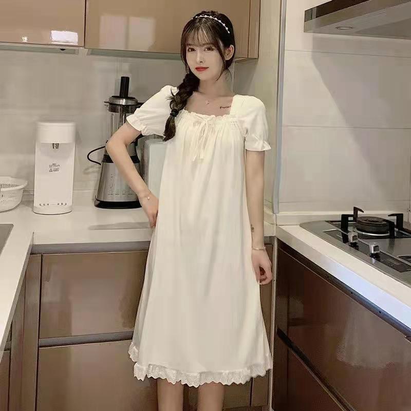 Verano dulce viento pastoral pequeña flor de mangas cortas vestido de pijama de encaje de mujer larga ropa de casa de niñas se puede usar