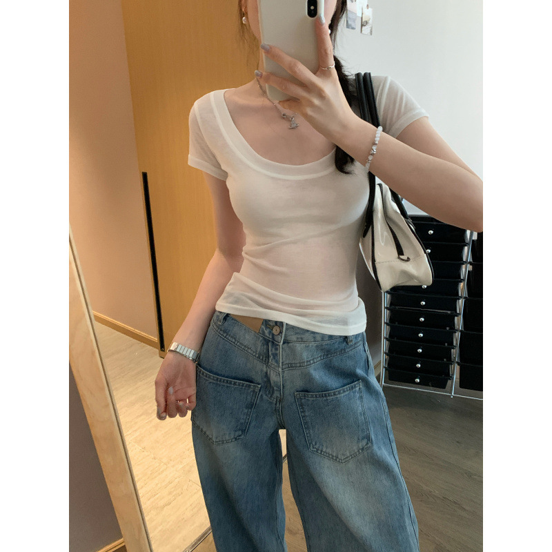 特別オファー卸売ユニークな白い薄いスリム U ネック半袖 T シャツフェミニンな新しい夏の美しいトップ|undefined