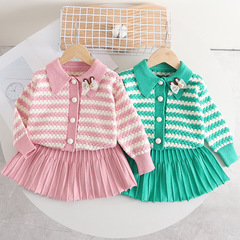 兒童毛衣套裙秋冬新款兩把提花毛衣兩件套女童可愛針織外套洋氣女