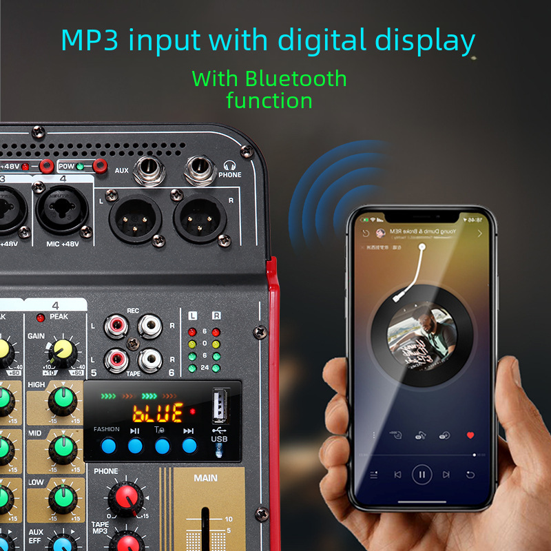 국경 전용 MG6 소형 믹서 블루투스 MP3 USB 전원 공급 장치 내장 전문 DPS 효과와 4 웨이