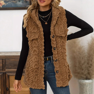 European and American Cross-Border New Women's Plush Jacket Double-Sided Rhombus Texture Plush Fabric Sleeveless Hooded Jacket