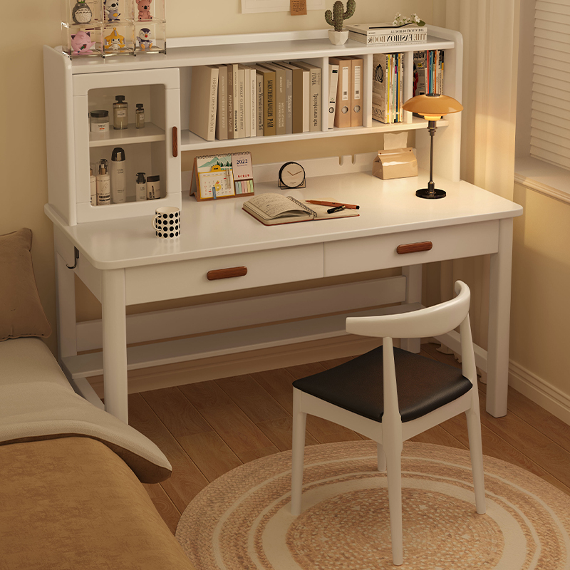 Solid Wood Desk and Bookshelf Integrated Table for Students, Cream-Style Table for Girls' Bedroom, Children's Study Table, Computer Desk