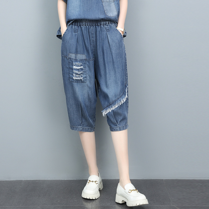 Tencel Cropped Jeans Women's Summer Thin 2024 New Arrival Cropped Pants Mom Loose Design Sense Casual Harem Pants