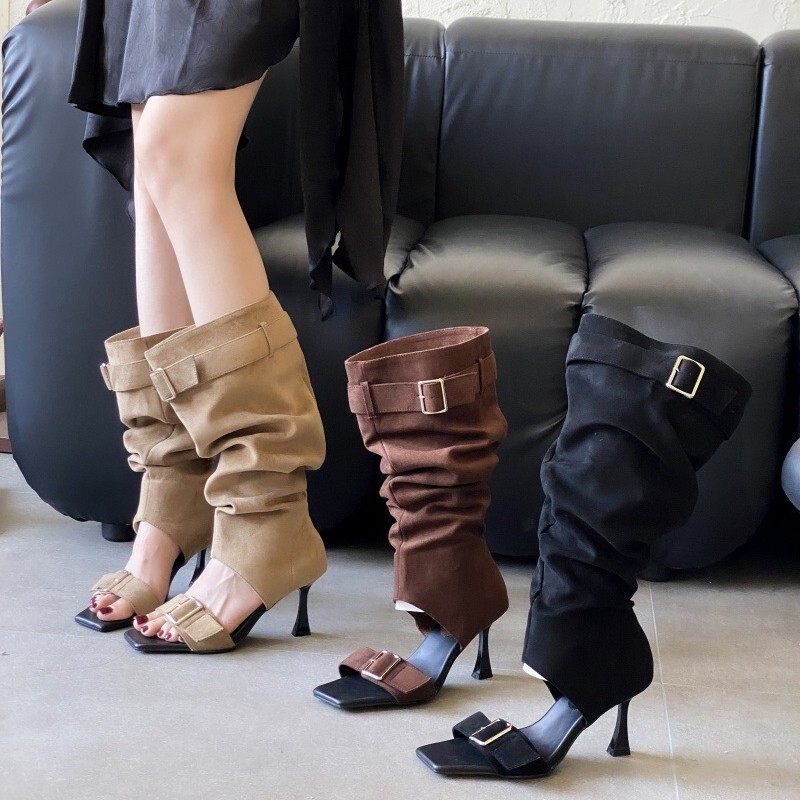 Summer Strap Buckle Sandals for Women, Western Wasteland Style, Open-Toe, Stiletto Heels, Ruched Knee-High Boots