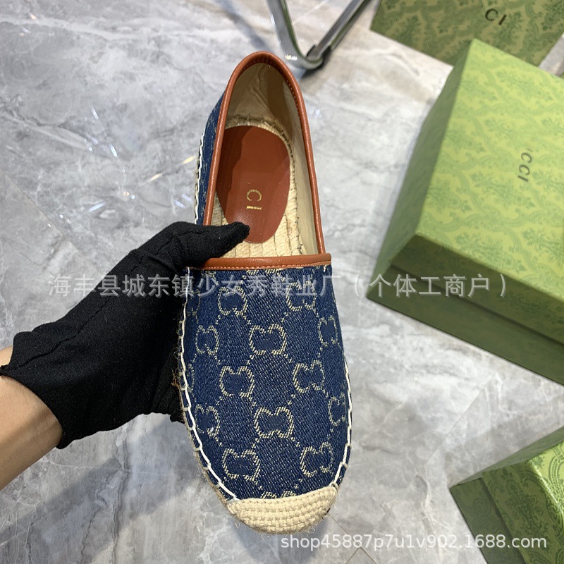 Comercio exterior transfronterizo G bordado estándar estampado zapatos de pescador 2025 suela de goma tejida boca poco profunda zapatos casuales de un solo pedal