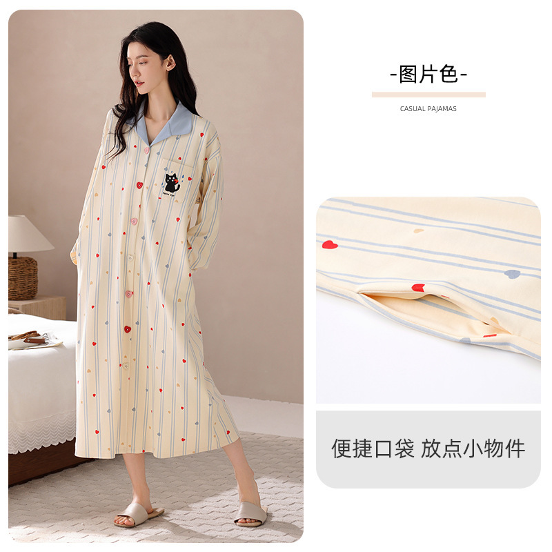 【抗菌莱卡棉】A类女士睡衣纯棉睡裙春秋季开衫长袖新款家居服潮|undefined