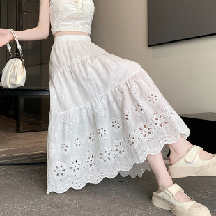 White Cut Out Embroidered Skirt for Women Summer Elastic High Waist Skirt Small Mid-Length Large Hem Umbrella Skirt