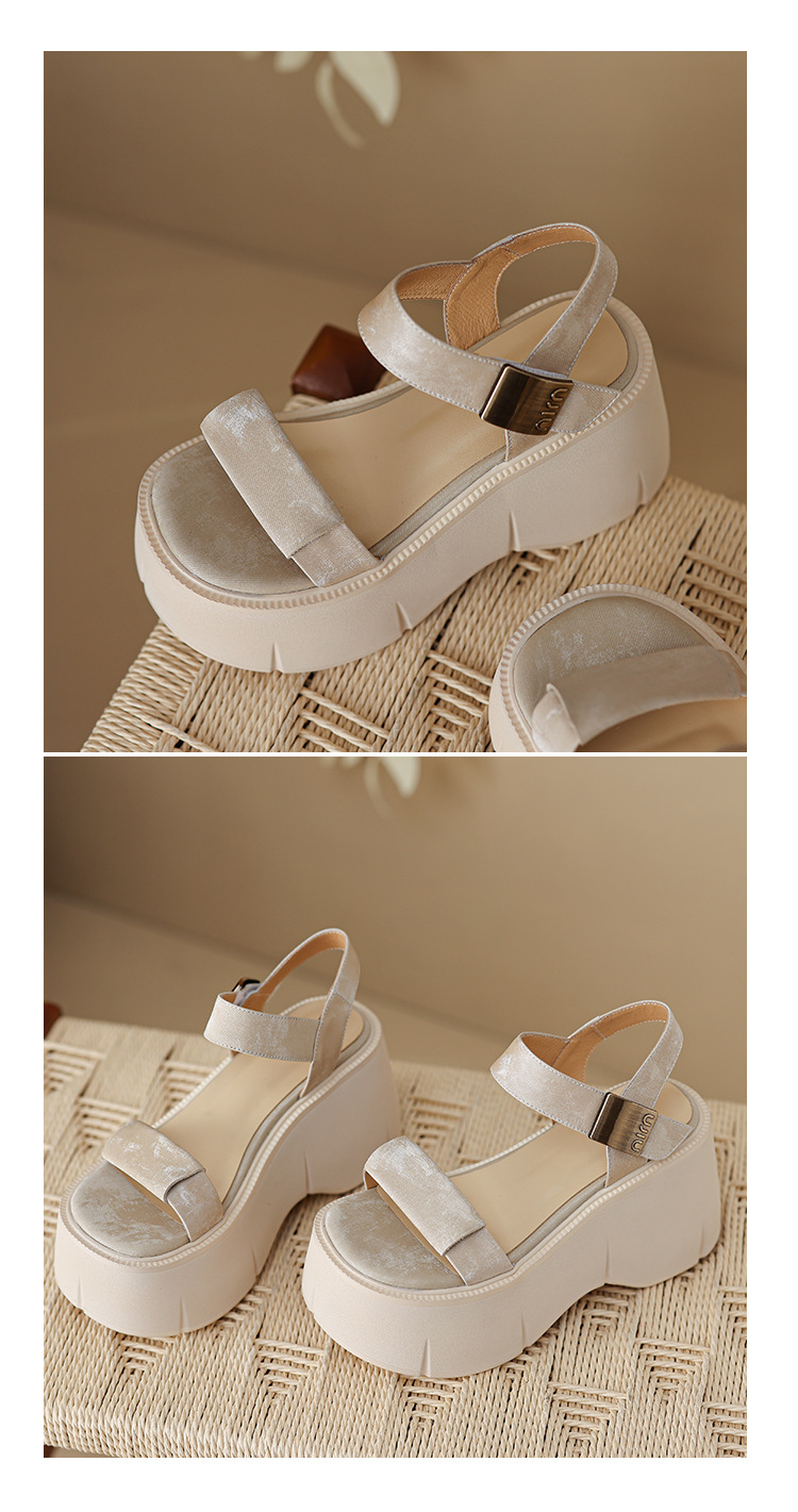 Sandal cao gót nữ phong cách Pháp cổ điển đế xuồng tăng chiều cao hở mũi khóa kim loại — màu nâu, màu đen, màu trắng ngà chi tiết 14