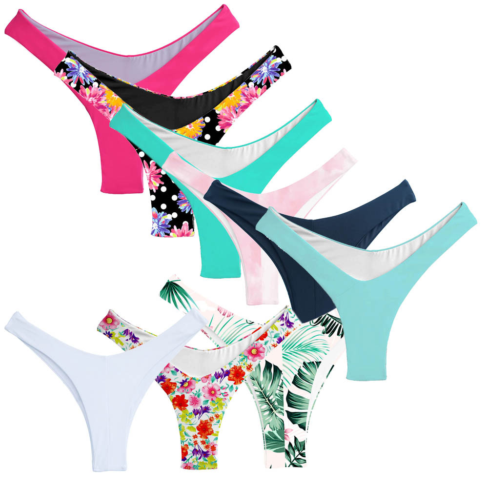 女夏季性感比基尼裤深V形印花泳裤半包露臀巴西风国外代发加大码