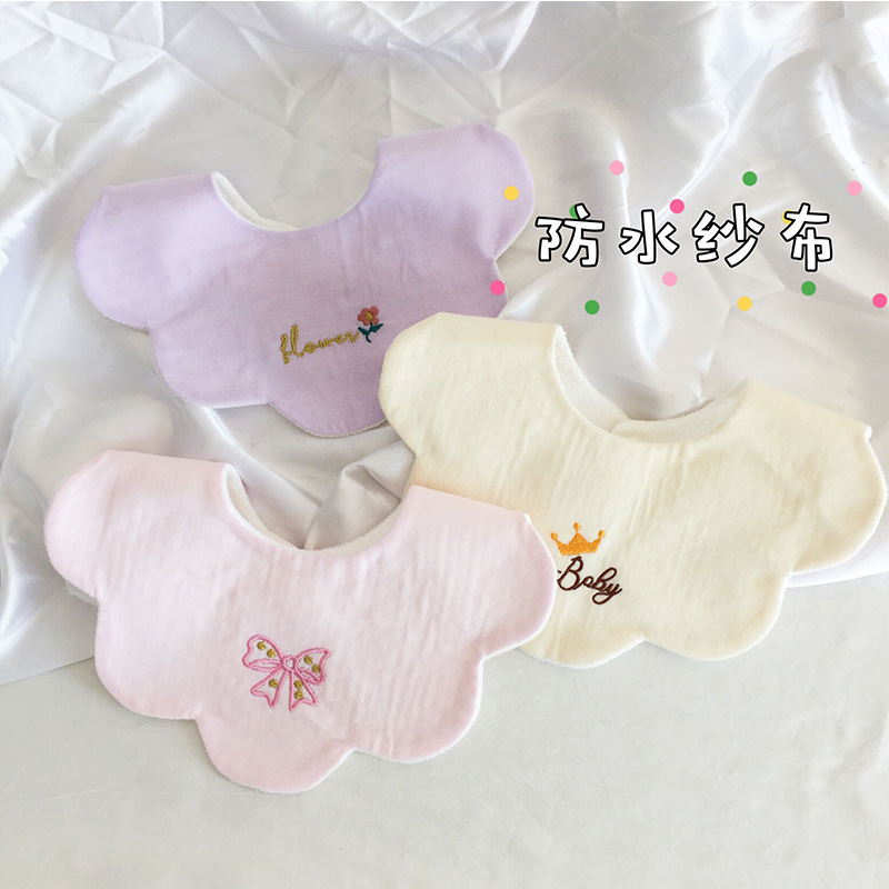 ins spring and autumn new baby embroidered bib thickened waterproof baby gauze saliva napkin sweet flower shape