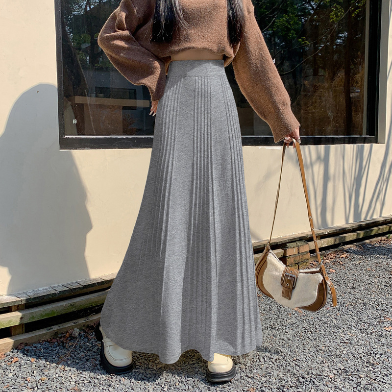 厚みのあるプリーツニットスカート女性用2025秋冬新作伸縮性ハイウエストスリムドレープAラインロングスカート|undefined