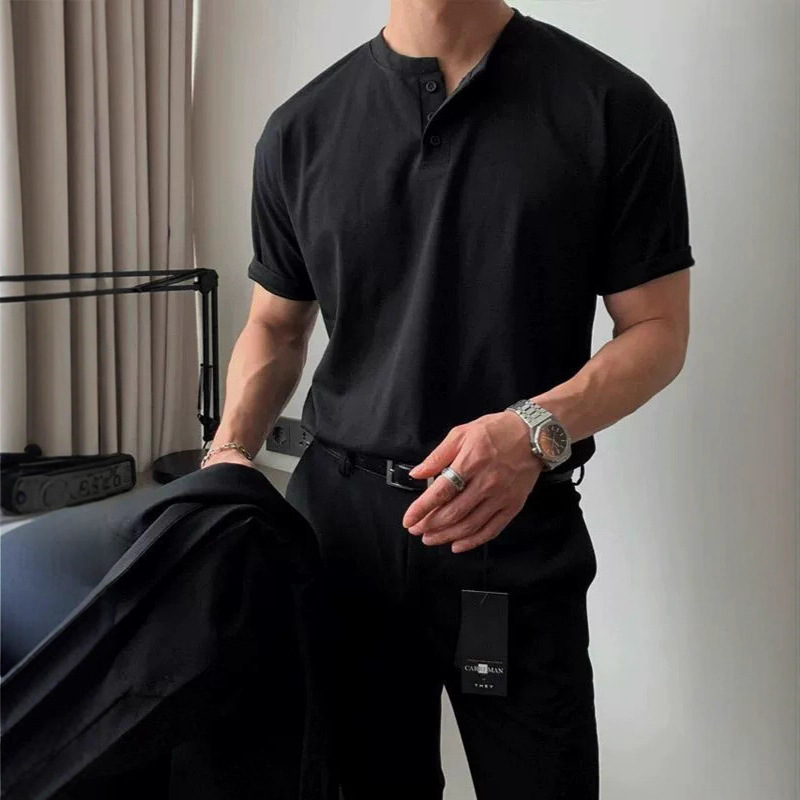 American Heavyweight Short-Sleeved Men's Polo Shirt Mature and Stable Tight Cuffs Fitness Sports Casual T-Shirt Summer Henley Collar