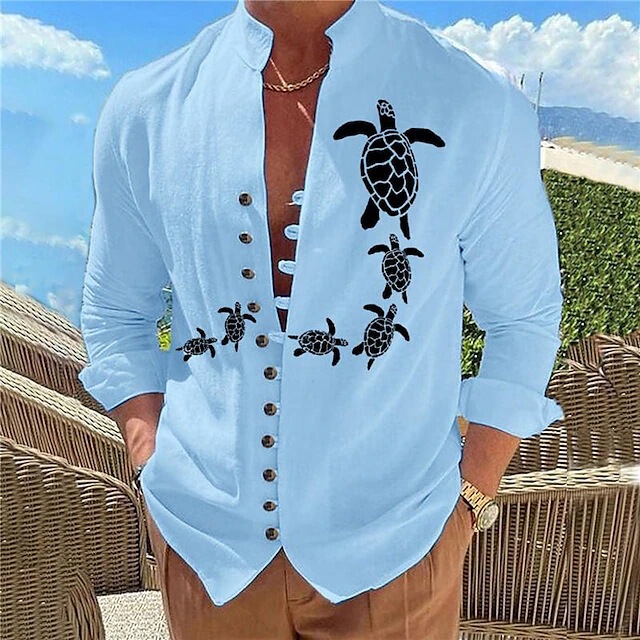2024 European and American Cross-Border Marine Style Turtle Element 3D Digital Print Men's Slim Fit Fashion Cardigan Long-Sleeve Shirt