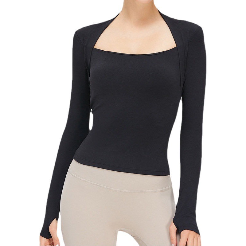 Ropa de yoga caliente en vivo top deportivo desnudo de manga larga con almohadilla en el pecho chal falso de dos piezas ropa de entrenamiento con cuello en U