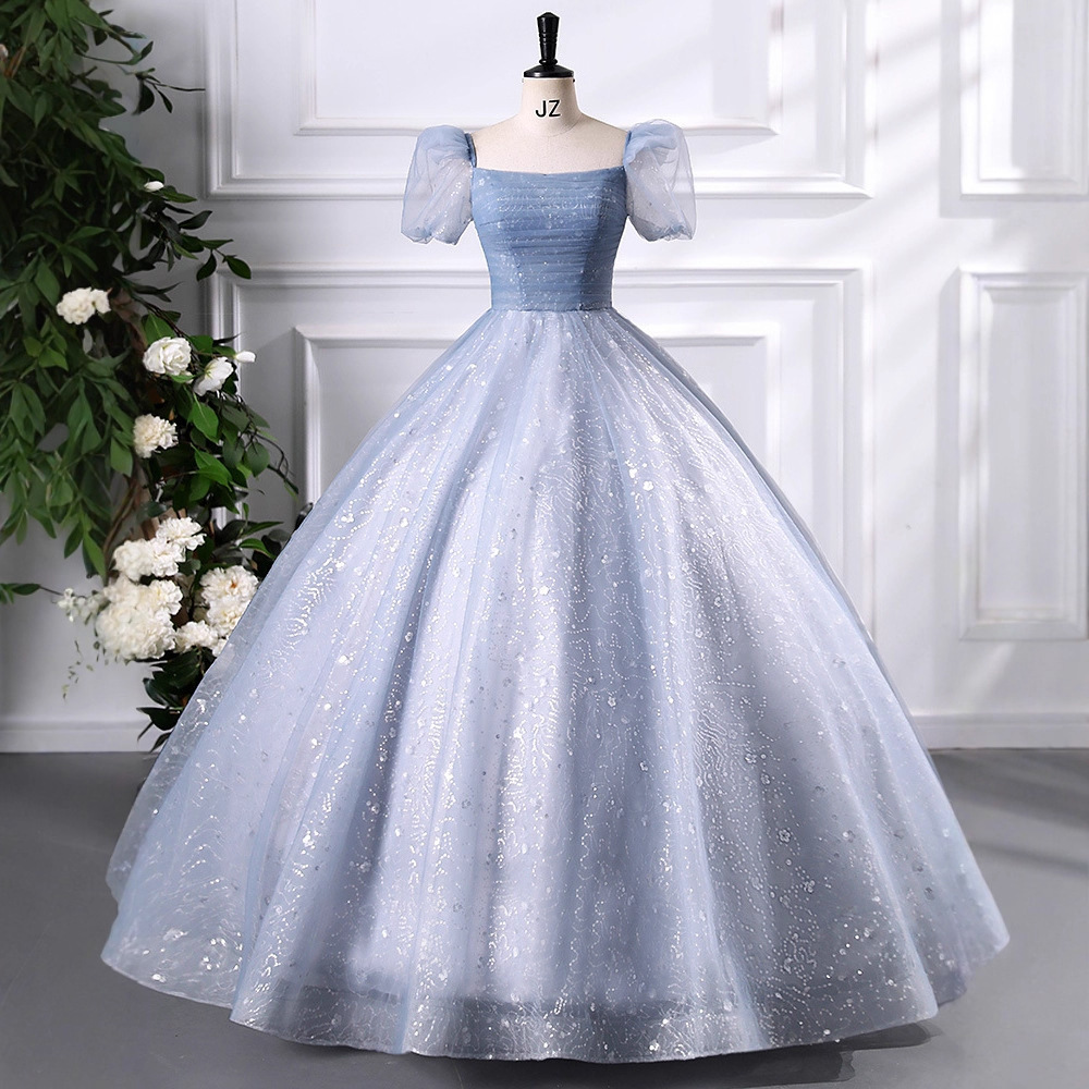 High-End Princess Tutu Skirt Banquet Elegant Celebrity Party Evening Dress Blue Art Exam Performance Clothing Host Long Skirt for Women