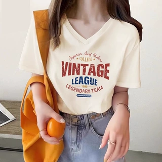 杏色字母V领短袖t恤女2026年夏季新款宽松显瘦正肩鸡心领上衣