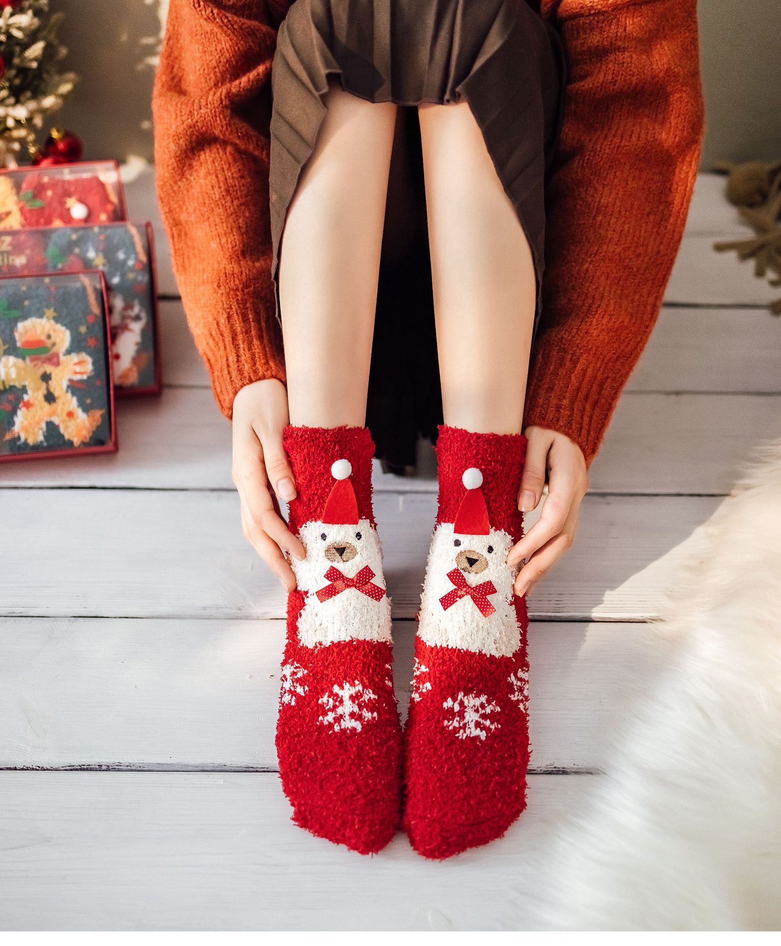 Women's Fashion Santa Claus Snowman Snowflake Coral Fleece Jacquard Crew Socks display picture 4