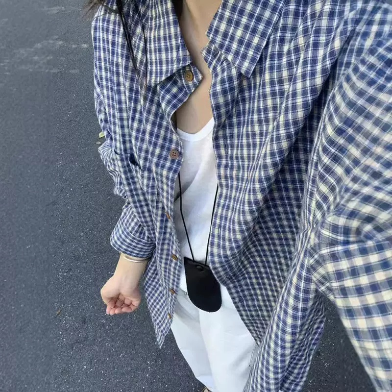 复古小众蓝色长袖格子衬衫女早春慵懒风休闲格纹外套宽松外搭衬衣