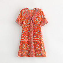 2020欧美风春夏女装新款批发橘色白兰花短款连衣裙图片色棉哥特风